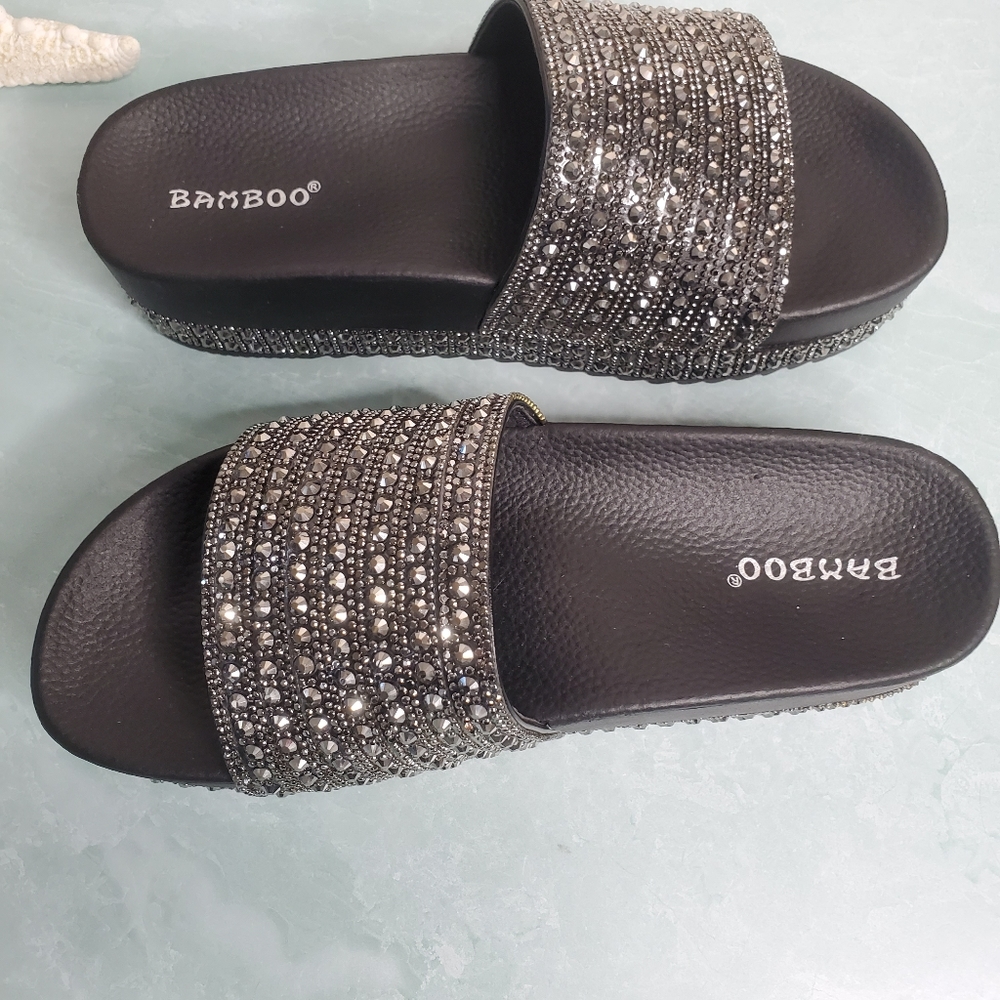 New! Black Rhinestone Wedge Slides - Picture 8 of 8